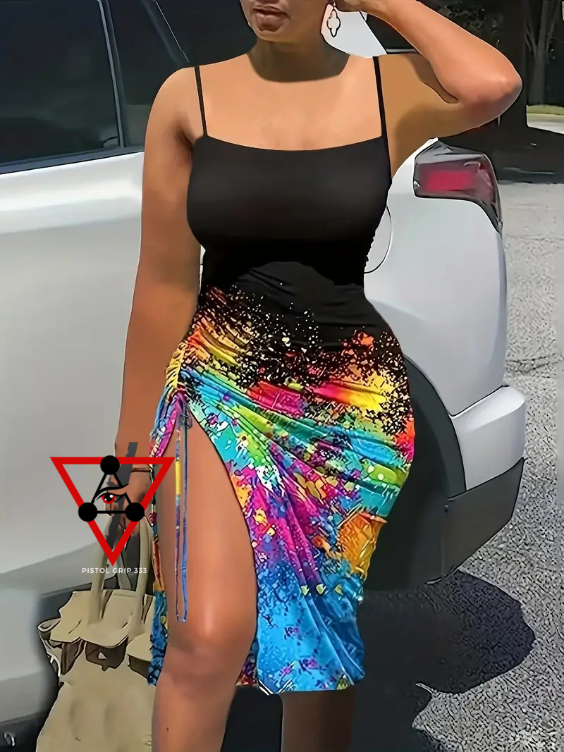 Rainbow Splash Ruched Side Dress