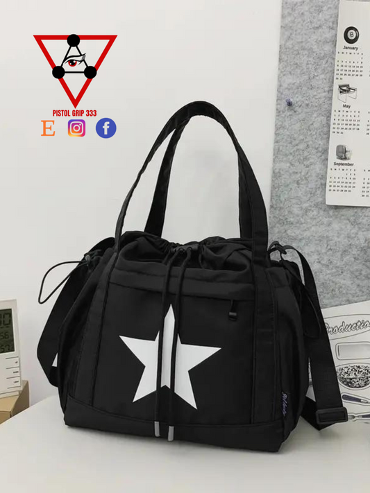Star Drawstring Travel Tote – Black