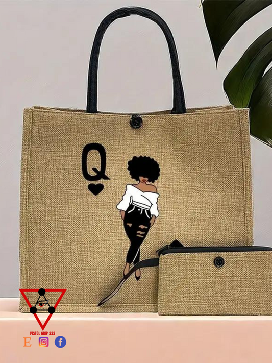 Queen Jute Tote & Cosmetic Pouch Set