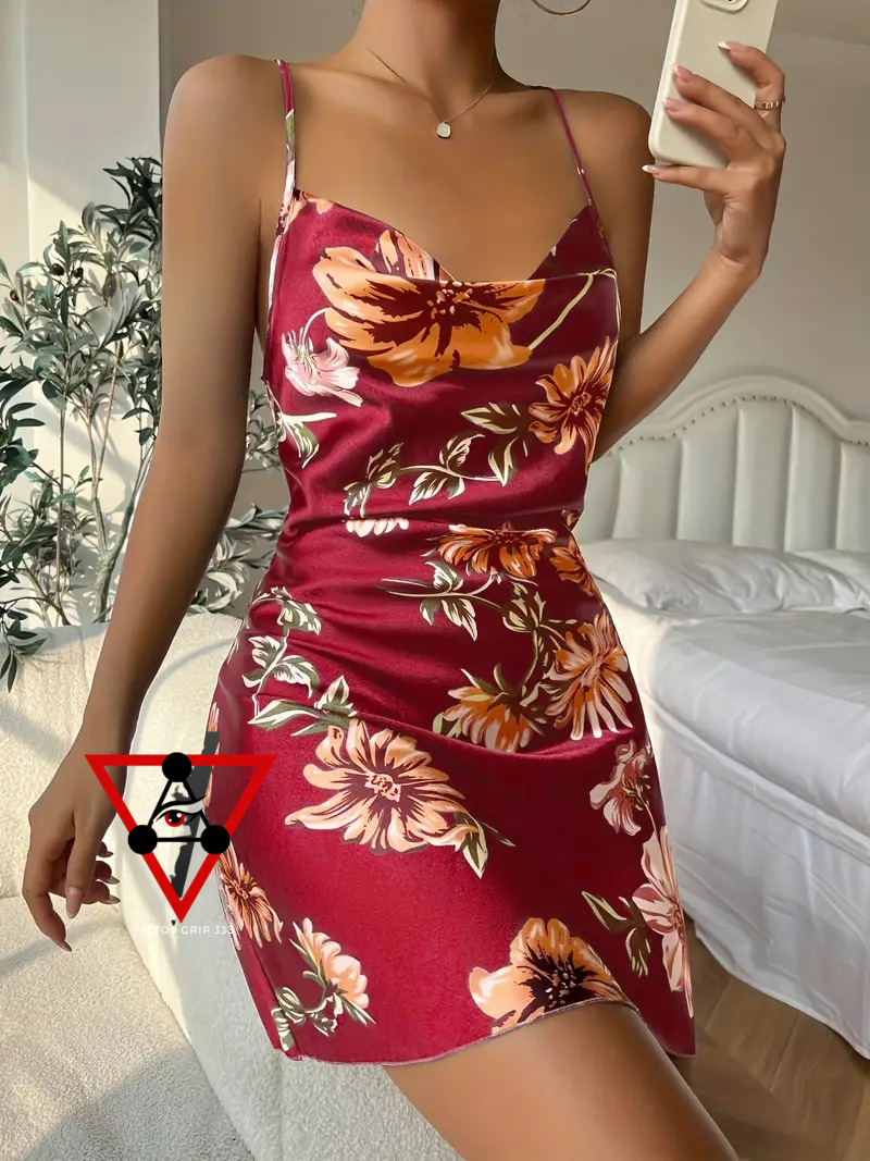 Burgundy Floral Satin Slip Dress