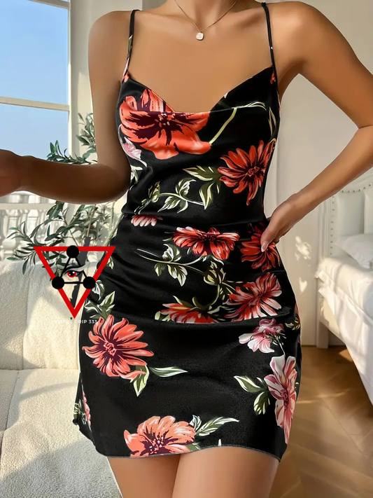 Midnight Bloom Satin Slip Dress