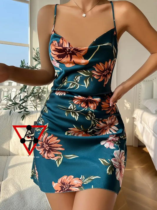 Teal Bloom Satin Slip Dress